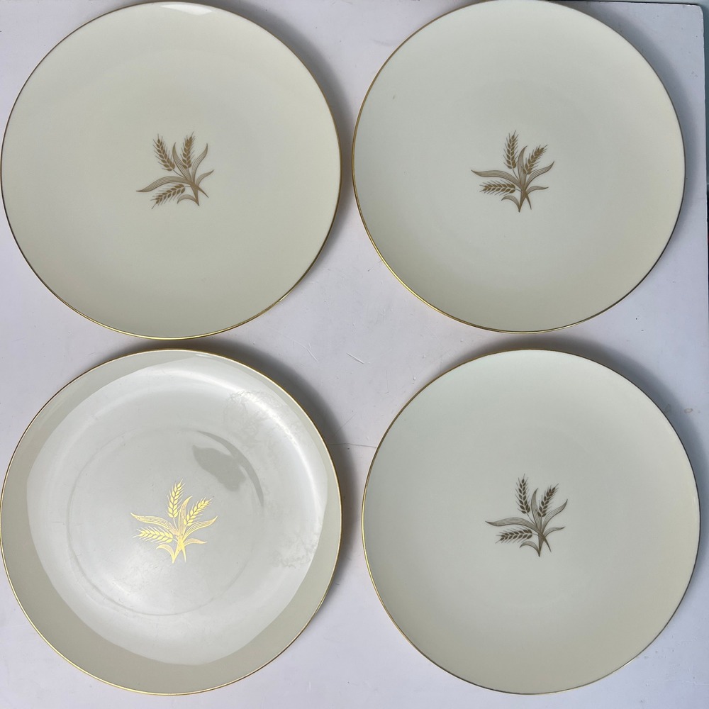 Lenox Wheat Dinner Plates Set of 4 10.5in Gold Trim Cream R-442 Mid Century USA